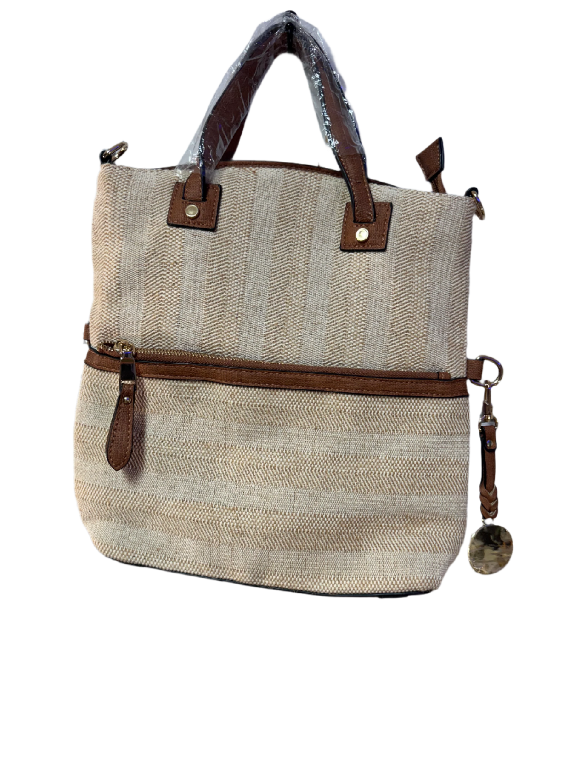 Simply Noelle - Tan Tweed and brown leather hand bag with shoulder strap - RELIC AND STITCH